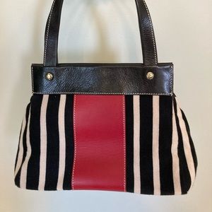 Kate Spade Black Cream Red Stripe Leather and Fabric Handbag - Polka Dot Lining